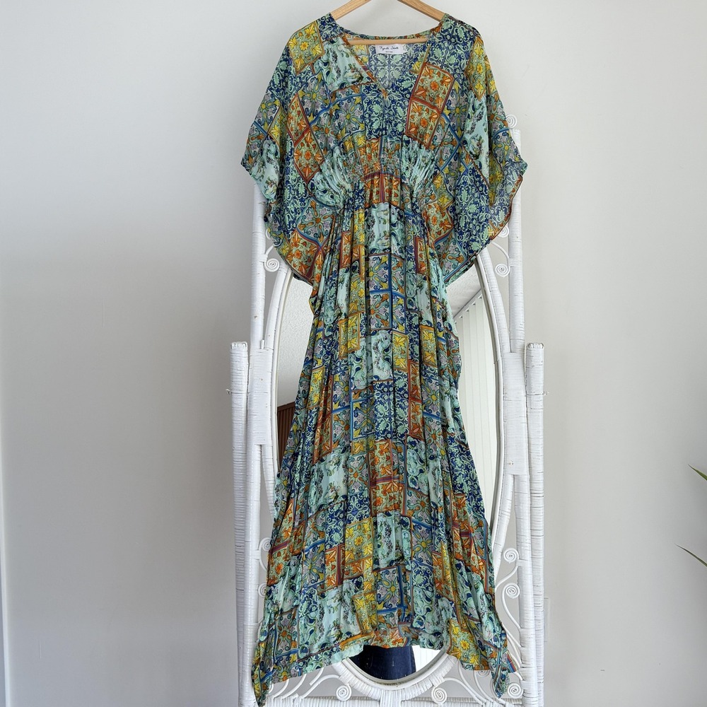 Anthropologie Rujuta Sheth Kaftan Dress One Size Tile Floral Block Print Boho